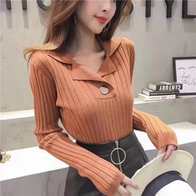 

Autumn and Winter Korean Version Of The Lapels Button Sweater Women's Solid Color V-neck Knit Bottoming Shirt Long-sleeved Wild
