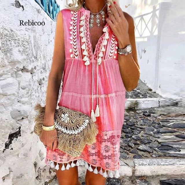 Boho Mini Dress Women Tassel loose V Neck Dresses Lady Beach Female Clothing  New