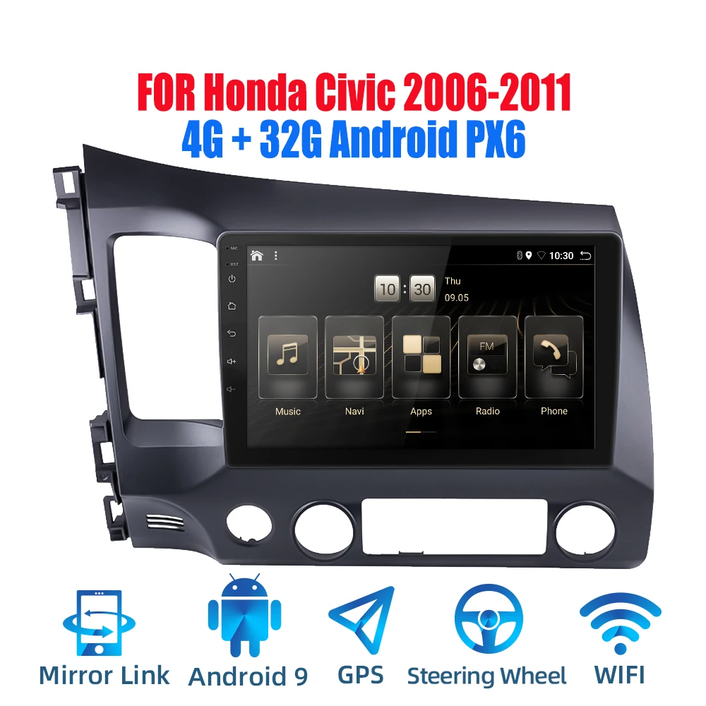 2din Android 9,0 Ouad Core PX6 Автомагнитола стерео для Honda Civic 2006-2011 gps Navi Аудио Видео плеер Wifi BT HDMI DAB