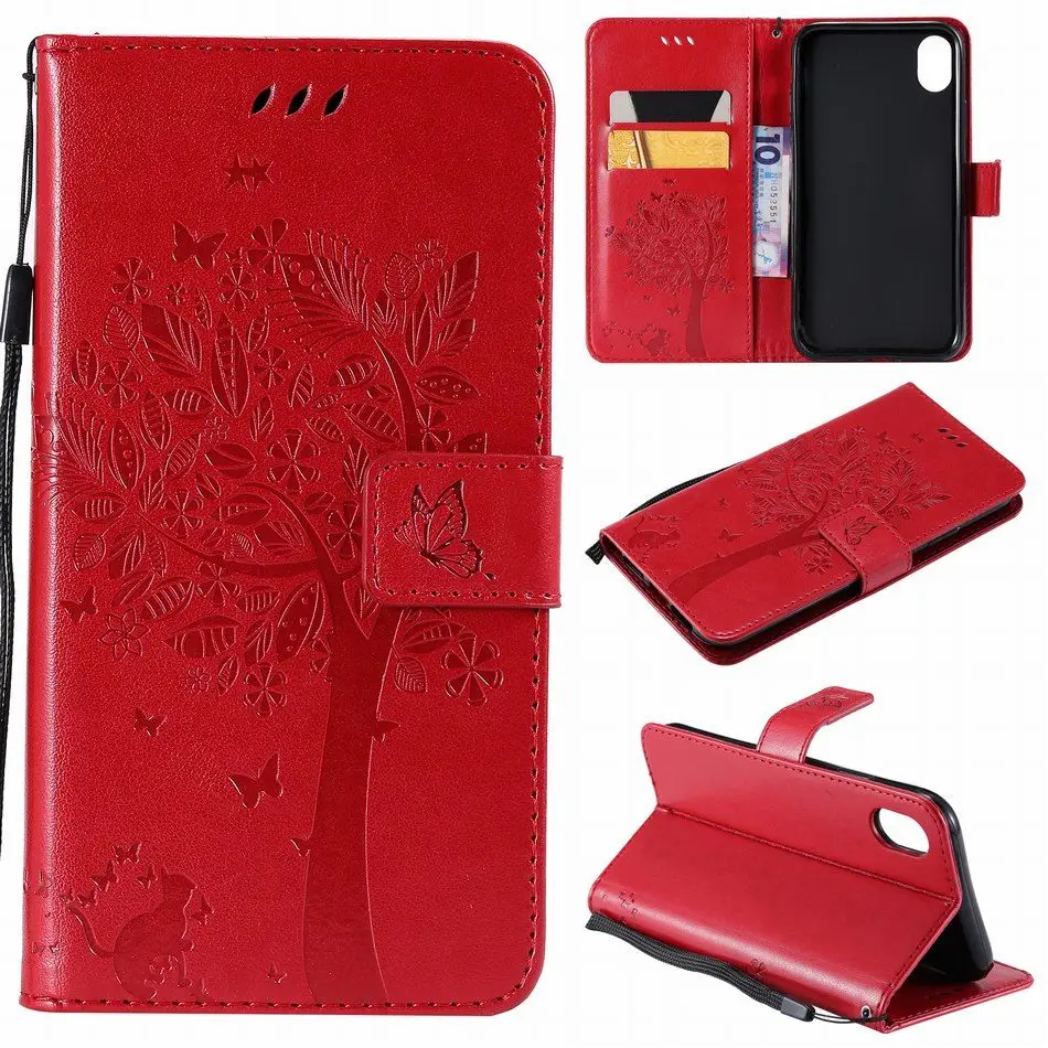 Red B Чехол-книжка с бабочкой, кошкой, деревом для iPhone 8, 7, 6, 6S Plus, X, XR, XS, 11 Pro Max, бумажник из искусственной кожи, сумки для телефона, чистый цвет, DP06Z - Цвет: Red B