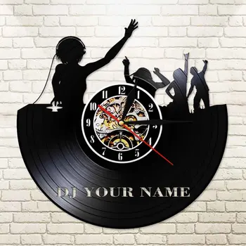

Custom Name DJ Team Watch Clock Laser Cut Handicraft Art DJ Music Black Hanging Wall Clock Made Of Real Vinyl Record