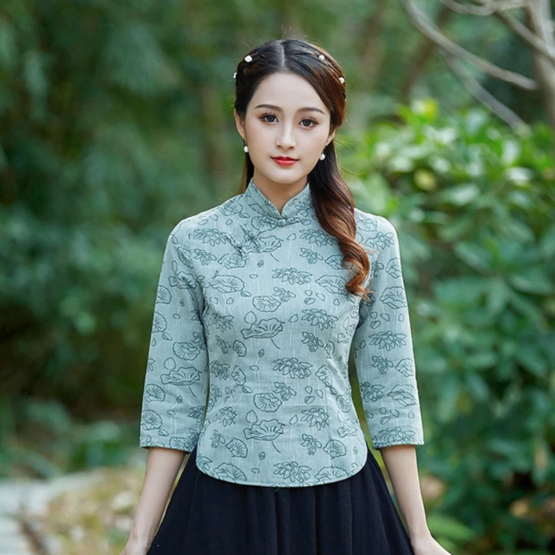 Учебный стиль для женщин с длинными рукавами чистый цвет Qipao жаккард переплетение Улучшенный чёнсам костюм Тан рубашка женская повседневная одежда рубашка - Цвет: green