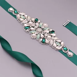 Handmade Decorative Rhinestone Bridal Belt Beaded Applique Designs Bridal Belt Green Rhinestones Bridal Belt Emerald Belt
