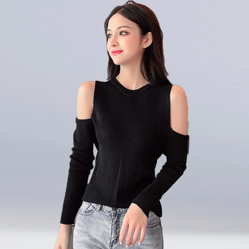 

Women Off Shoulder O-neck Casual Knitted Pullovers Long Sleeve Knitted Sweater Solid Skinny Slim Sweater Jumper Female Knit Tops