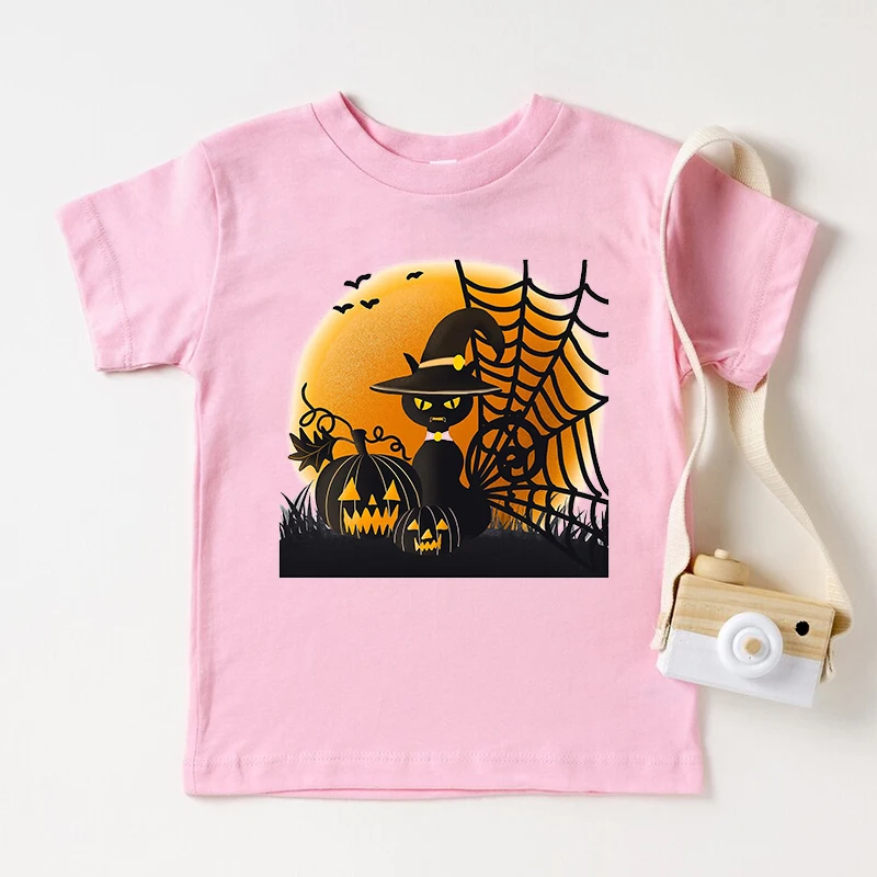 

2022 Halloween T Shirt Kawaii Creepy Cat Peace Love Fall PumpkinT-Shit Vintage Kid's Clothes Girl Clothes