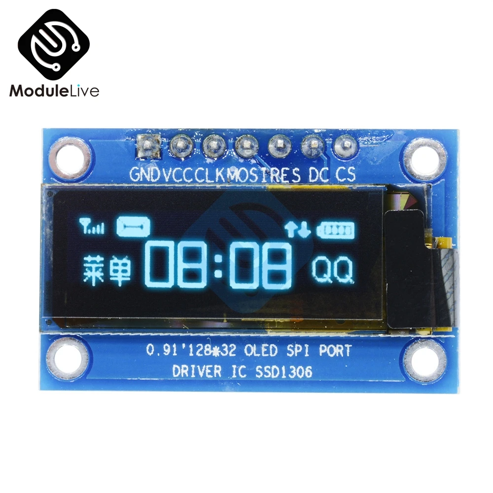 0.91 Inch 0.91'' SPI 128x32 12832 White/Blue Digital OLED LCD Display DIY Module SSD1306 Driver IC DC 3.3V-5V For Arduino PIC