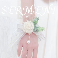 Everlasting Leaf Rose Wrist Flower Milk White Green Leaf Bride Bridesmaid Wedding Pearl Wrist Flower Wedding Accessories