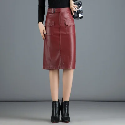 Женская элегантная кожаная юбка плюс размер M-4XL облегающий карандаш зимние женские юбки из искусственной кожи jupe черные длиной до колена сексуальные юбки красный черный - Цвет: red