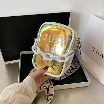 

Women's New Fashion Letter Printing Laser Crossbody Bag INS Casual Wild Phone Bag Ladies PU Leather Chains Purse Packet