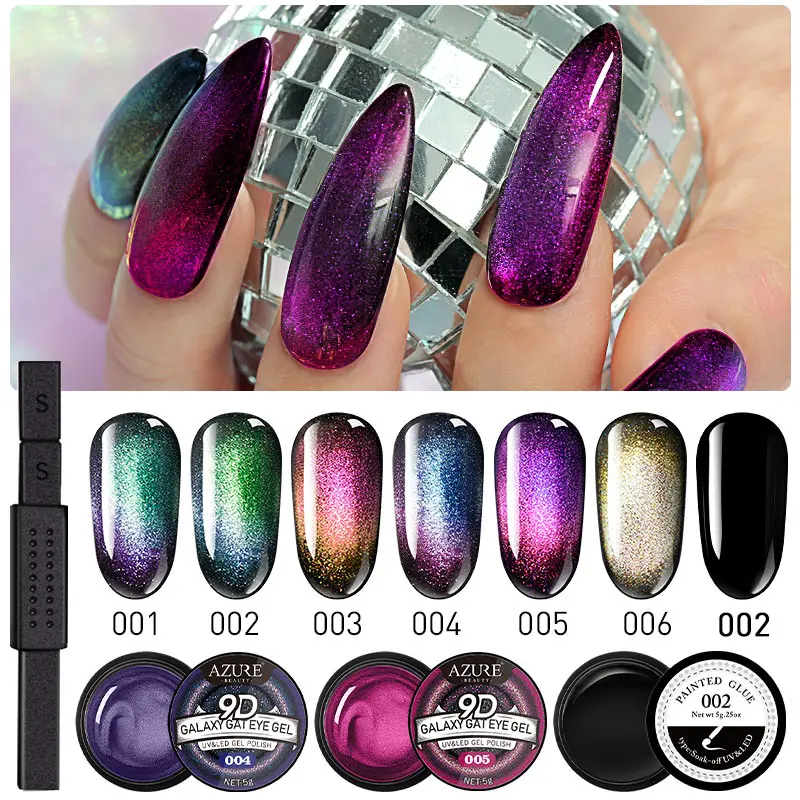 

AZURE BEAUTY 7/8Pcs Galaxy Cat Eyes Led Gel Polish Nail Art Semi Permanent Chameleon UV Gel Varnish Black Gel Magnet Stick Tools