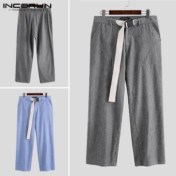 

New Men's Personality Buckle Stitching Vertical Stripes Pants Man Fashion Loose Straight Trousers Male Casual Baggy Pant INCERUN
