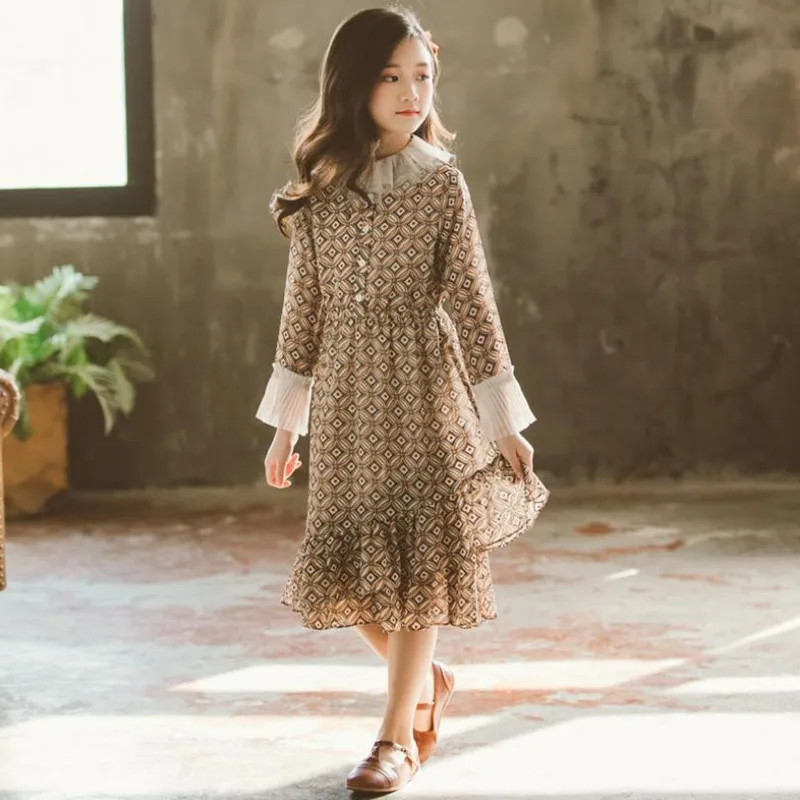 

DFXD Korean Girls Chiffon Dress 2020 Spring Fashion Flare Sleeve Print Irregular Pleated Princess Dress 5-14Yrs Big Girl Clothes