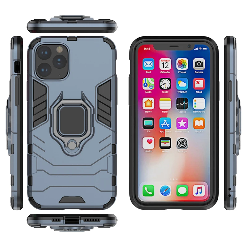 50 шт Броня противоударный Прочный ПК+ Мягкий силиконовый чехол для iPhone 11 Pro Max XS XR X 8 7 6 6S Plus чехол с держателем кольцо полное покрытие