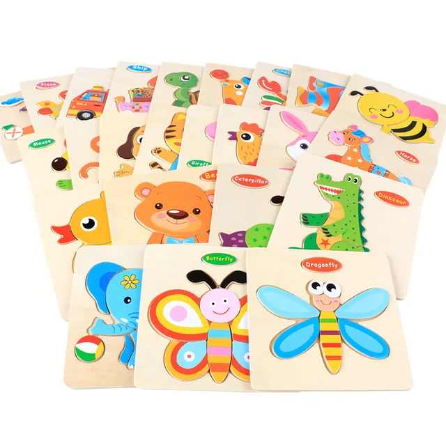 Montessori Wooden 3D Puzzle Jigsaw Toys For Children Cartoon Animal Vehicle Wood Puzzles Intelligence Kids Baby Educational Toy 3