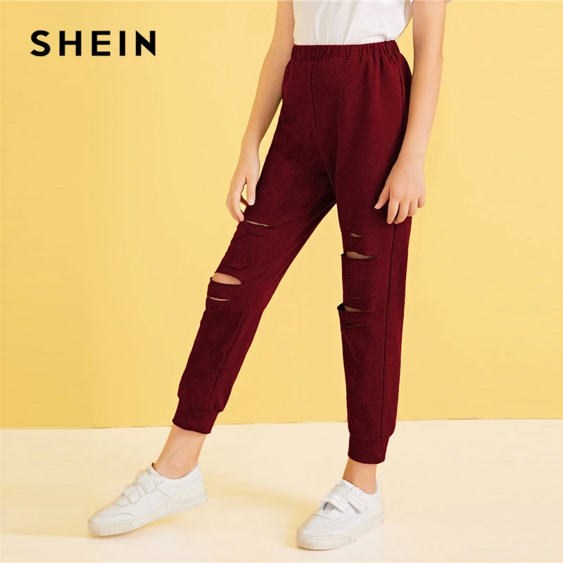 SHEIN для малышей однотонные рваные укороченные Повседневное спортивные штаны детские штаны Осенняя уличная одежда с эластичной резинкой на талии брюки для девочек-подростков