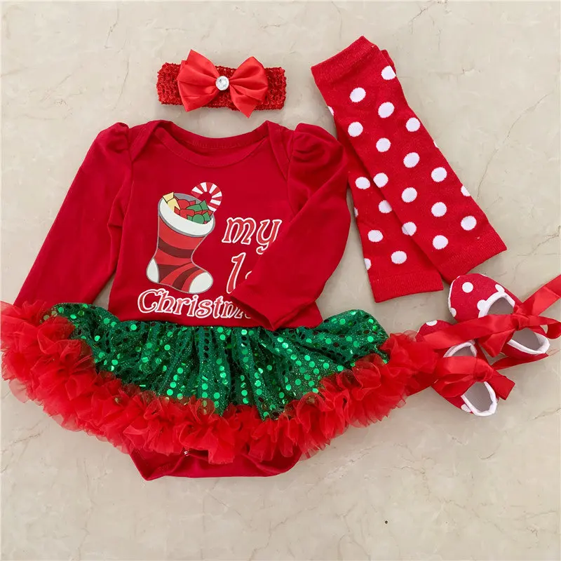 Одежда для новорожденных рождественские боди для девочек платье-пачка+ повязка на голову+ обувь+ носки Детская Хлопковая одежда из 4 предметов подарок на первый день рождения