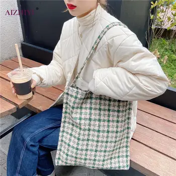 

New Large Capacity Women Woolen Canvas Shoulder Bag Ladies Vintage Plaid Handbag Totes Female Cotton Wool Cloth Shopping Bags