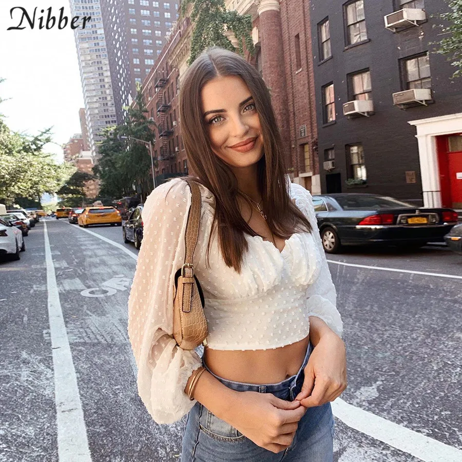 

Nibber autumn French romance V-neck Ruffle Crop Top women T-shirts 2019Elegant office lady white loose Slim lace tee shirt mujer