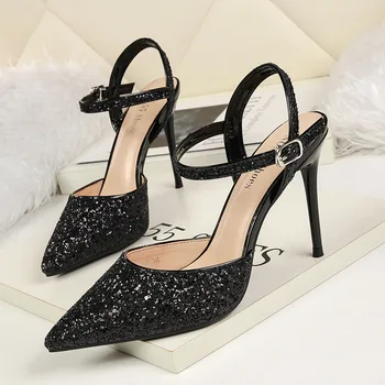 

2020 Women Summer 9.5cm High Heels Luxury Sandals Lady Silver Glitter Pumps Female Footwear Sequins Wedding Bridal Elegant Shoes