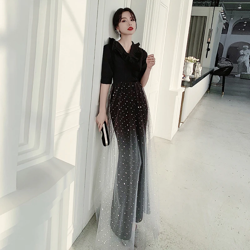 Элегантное Черное женское вечернее платье Cheongsam, сексуальное Сетчатое платье трапециевидной формы с v-образным вырезом и блестками, Осеннее новое платье большого размера 3XL Vestidos Defesta