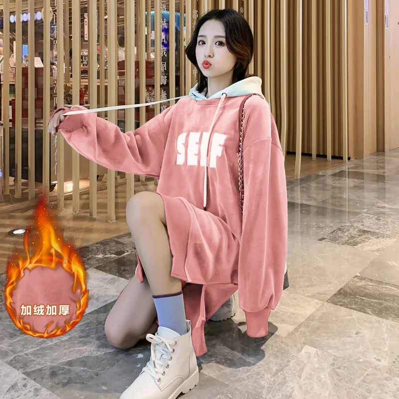 

2019 Winter New Style Gold Velvet Brushed And Thick Hooded Large Size Fashion Loose Mid-length Pregnant Women Hoodie Dress