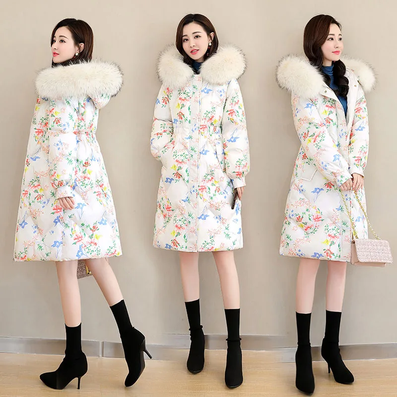 

Floral-Print Cotton Coat Women's Mid-length 2018 New Style Winter Waist Hugging Ladies' Pink Cotton-padded Jacket Cotton Clothes
