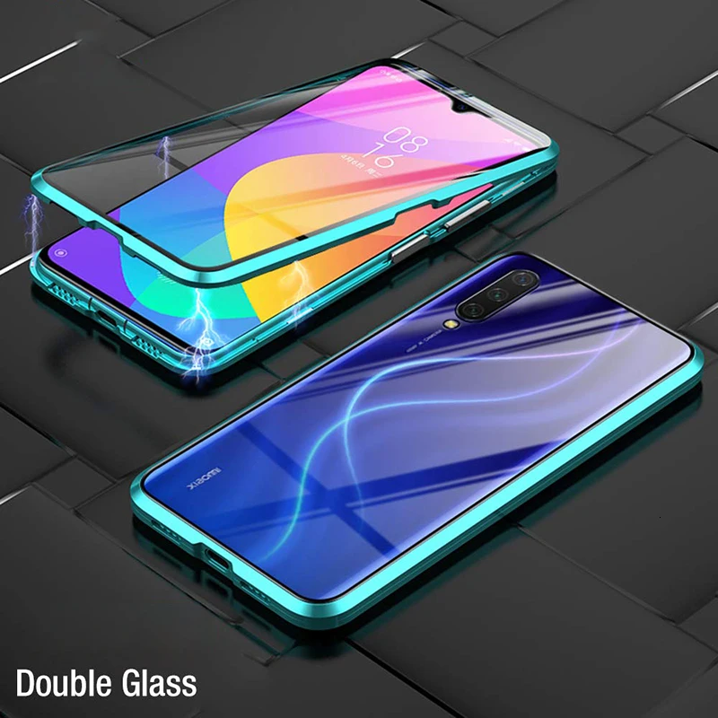 Green Двусторонний магнитный металлический чехол для Xiaomi mi 9 SE 8 CC9 A2 A3 Lite POCO F1 9T для Red mi K20 Note 8 8T 7 10 Pro 8A стеклянная крышка - Цвет: Green