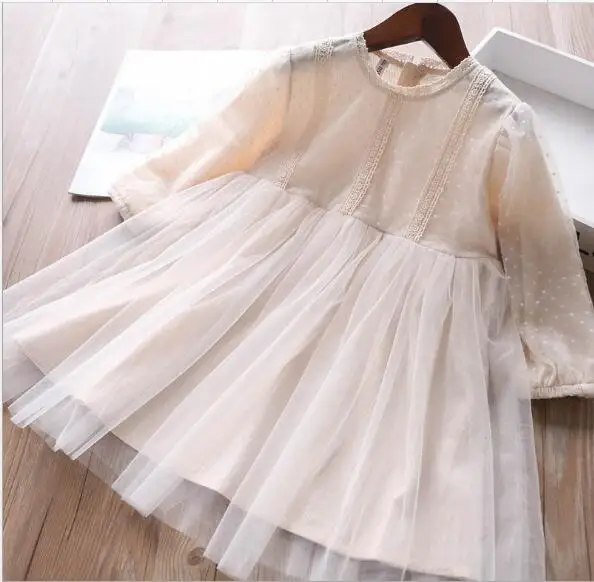 Весеннее элегантное Сетчатое платье принцессы в горошек с длинными рукавами для девочек нарядные платья-пачки для маленьких девочек одежда для детей