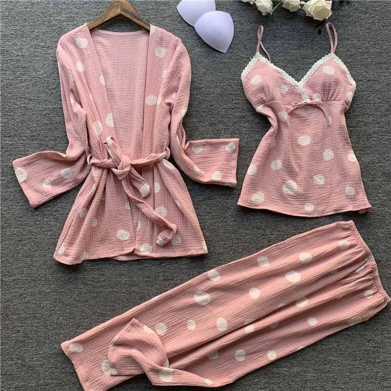Женские пижамы, 3 шт.,, модные хлопковые пижамы с длинными рукавами, комплект, сексуальный халат с принтом, Повседневная Домашняя одежда, женская ночная Пижама