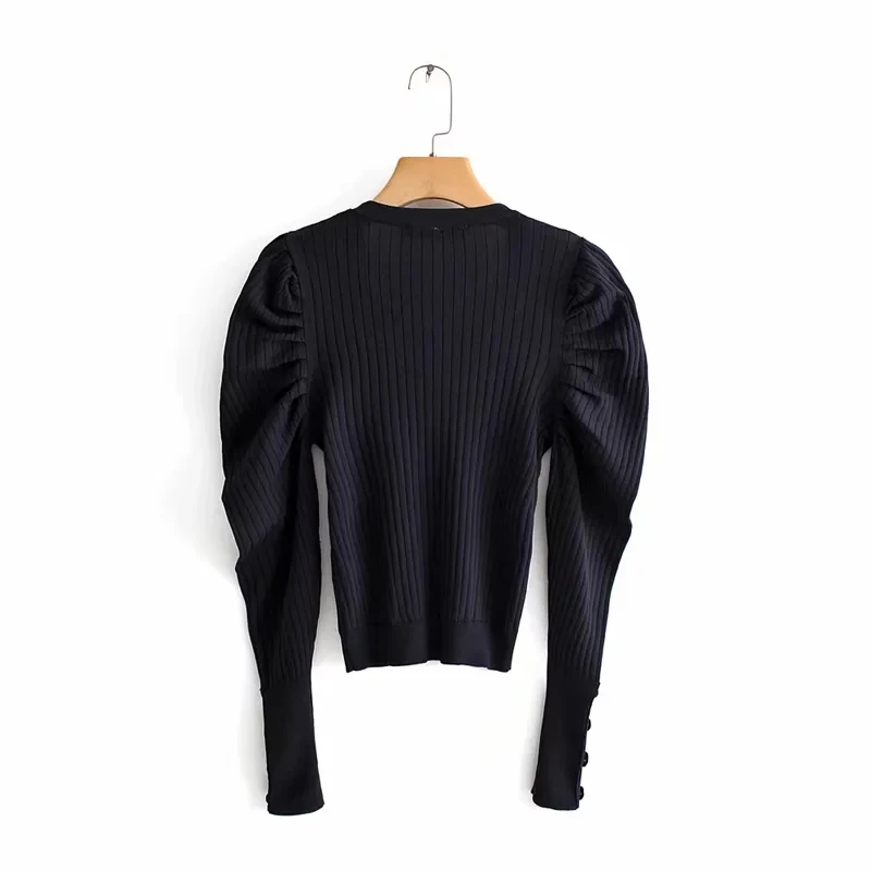 Cena Withered 2019 nowa jesienna swetry rozpinane kobiety anglia vintage puff rękawem pojedyncze łuszcz granatowy sweter dziergany kobiet topy