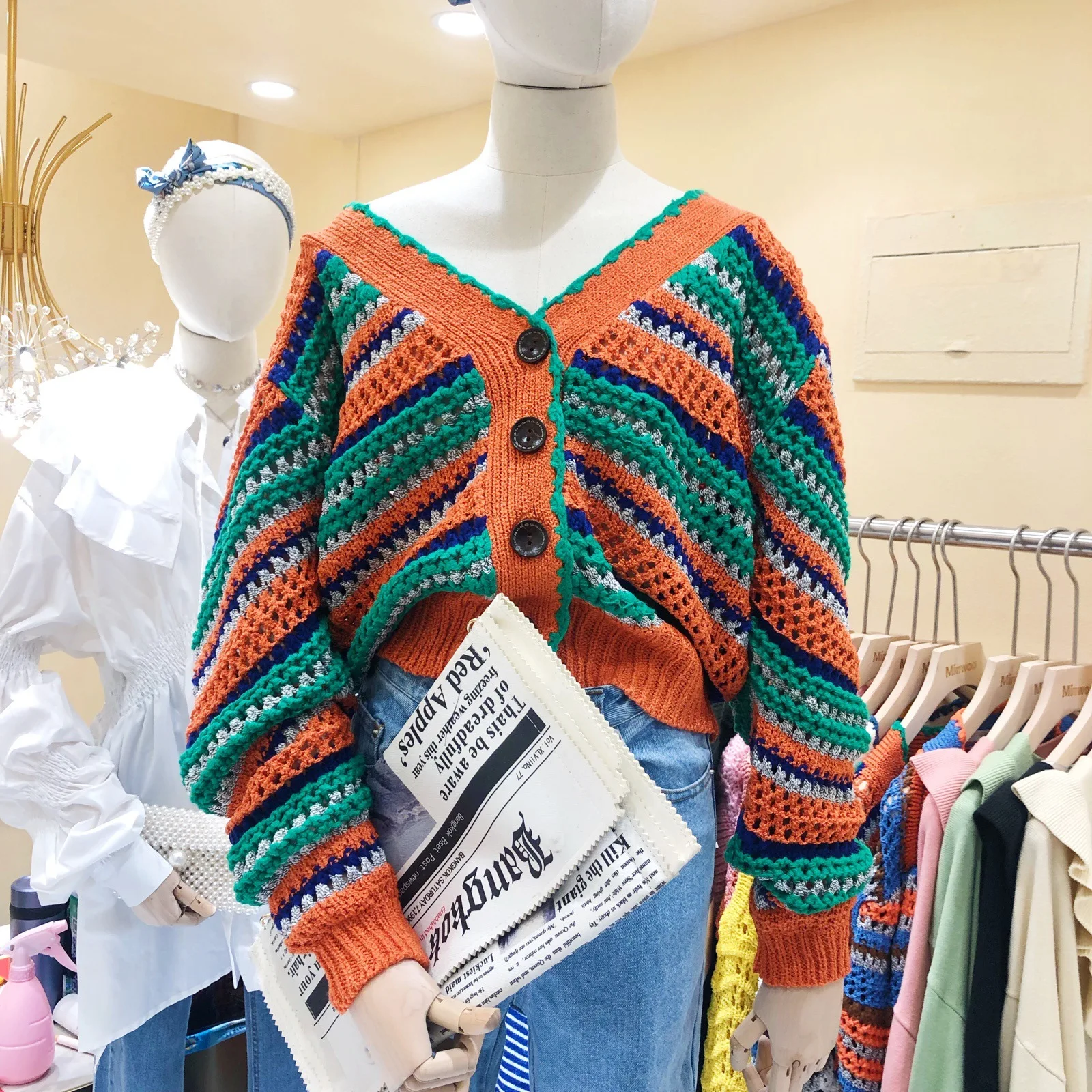 

Autumn 2019 Sweater New Women Wear Collision Color V-neck Stripes Hollow Knitted Cardigan Sweater Cardigans Sweater Women