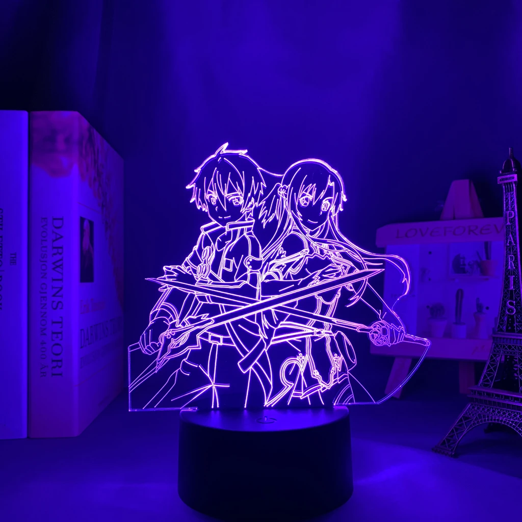 3d Led Night Light Anime Sword Art Online Kirito and Asuna for Bedroom Decor Nightlight Birthday Gift Table Lamp Manga SAO | Лампы и