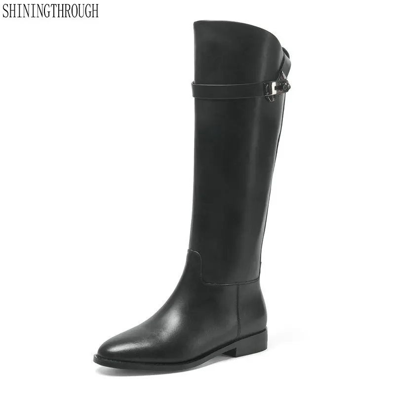 

Women Knee High Boots 3cm low Heels Genuine Leather Long Warm Autumn Winter Shoes Woman western Boots size 41 42 43