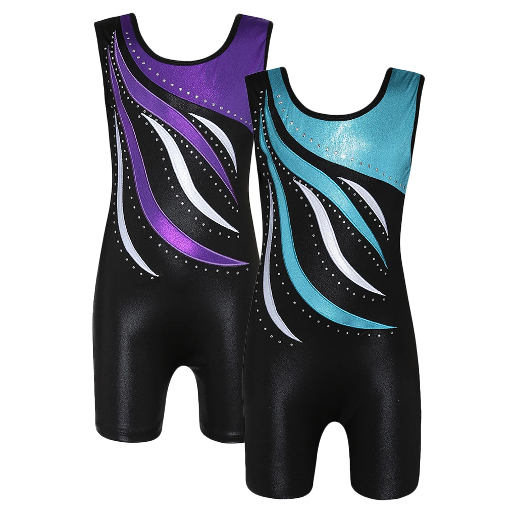 Girls Kids Ballet Dance Gymnastics Leotards Metallic Tank Boy Shorts Sport Unitard Stage Performance Dance Wear