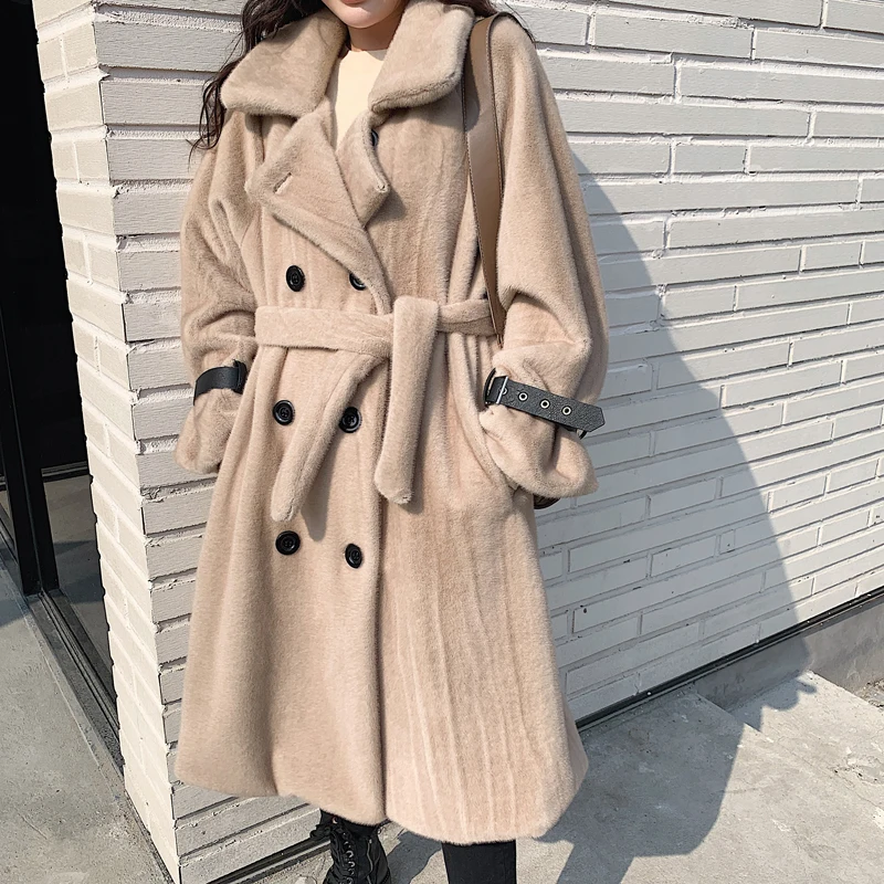 khaki mink fur coat Роскошная женская куртка из искусственного меха норки, пальто для женщин, высокое качество, длинное пальто, верхняя одежда, Зимняя Толстая теплая уютная плюшевая Шуба с поясом - Цвет: khaki mink fur coat