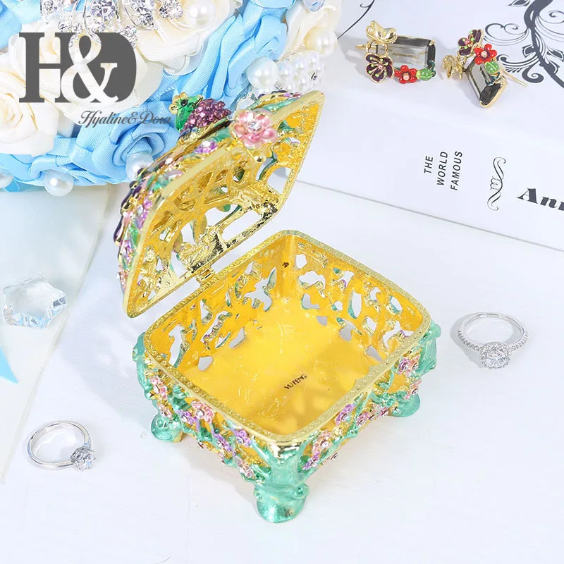 H&D 6 styles Handmade Bejeweled Peacock Trinket Boxes Hinged Metal Ring Holder Jewelry Collectible Wedding Home Christmas Decor