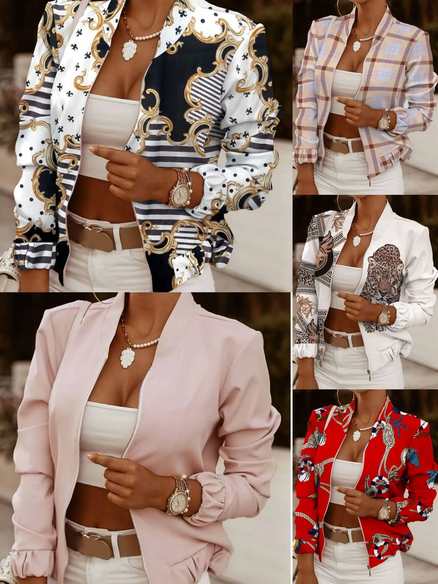 

AYES Women's Clothing Printed Coat 2023 Autumn Stand Collar Casual Charm Slimming Cardigan Zipper Jacket Women Zipper Short Coat