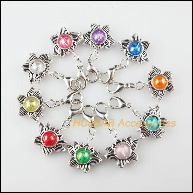 

10 New Lotus Charms Mixed Mirage Resin Tibetan Silver Plated With Lobster Claw Clasps Frame Pendants 19mm