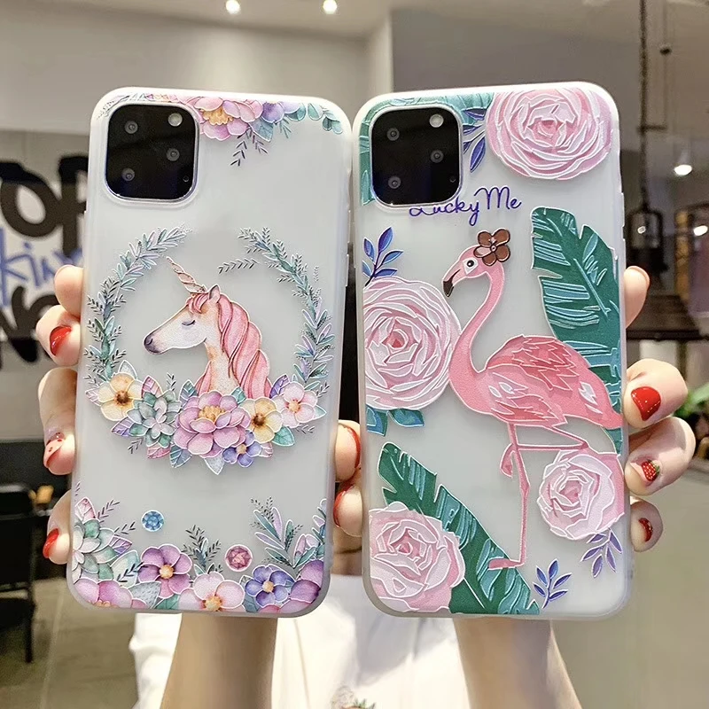

3D Embossed Phone Case for IPhone 11 Pro Cover Unicorn Flamingo Soft Silicone Back Cover for IPhone 7 8 Plus XS XR XS MAX Coque