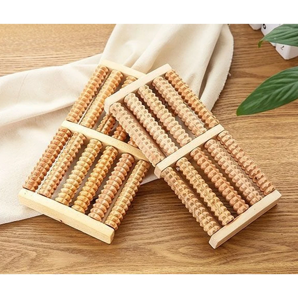 

Relax Relief Massager Wooden Foot Massager 5 Row Rollers Stress Relief Therapy Spa Gift Anti Cellulite Foot Massager