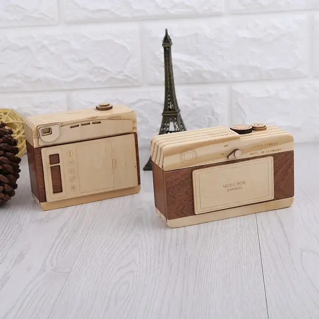 Wooden Music Box Retro Camera Design Classical Melody Birthday Home Decoration 2