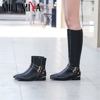 

MILI-MIYA Fashion Women Cow Leather Motorcycle Boots Solid Color Zipper Pointed Toe Square Heels Buckle Strap Size 34-39
