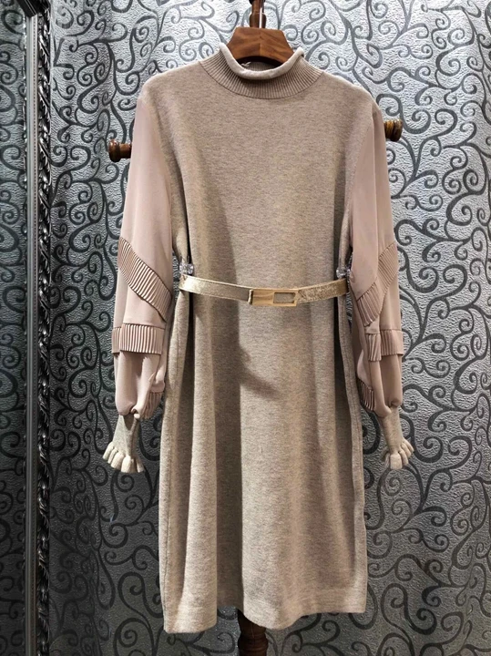 High Quality Wool Knitted Dress Spring Autumn Winter Sweater Dress Women Turtleneck Golden Buckle Belt Long Sleeve Dress