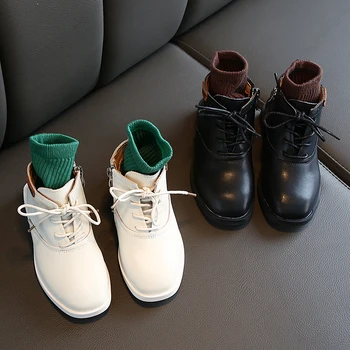 

Autumn Children Martin Boots Kids Boys Girls Genuine Leather Snow Booties Solid Color Black Beige Flat with Fashion SSW063