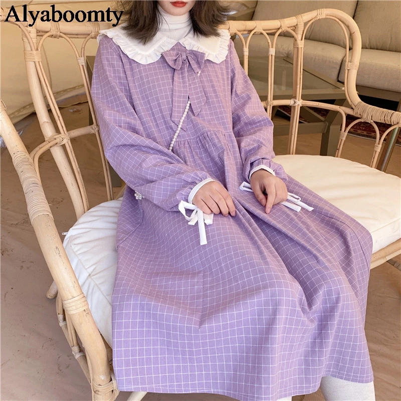 Японский консервативный стиль весна осень Женское платье миди воротник Питер Пэн фиолетовое клетчатое платье с бантом Свободные платья милые платья в стиле Лолиты - Цвет: Purple