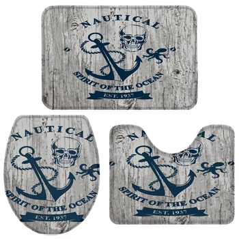

3 Pieces Bathroom Set Vintage Anchor And Skull Bath Set Toilet Cover Mat Pedestal Rug Non-Slip Bathroom Rug Set