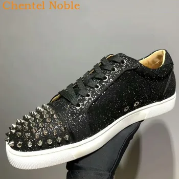 

Chentel Noble Footwear Men Vulcanized Shoes Men Casual Shoes 2020 Rivet Flat Bottom Fashion Show Leather Male Shoes Black Color