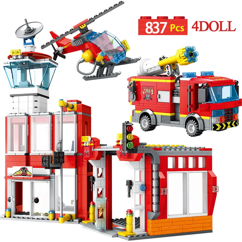 

837PCS Legoingly City Fire Station Rescue Fire Truck Helicopter City DIY Model Building Blocks Bricks Toys for Kids Boys