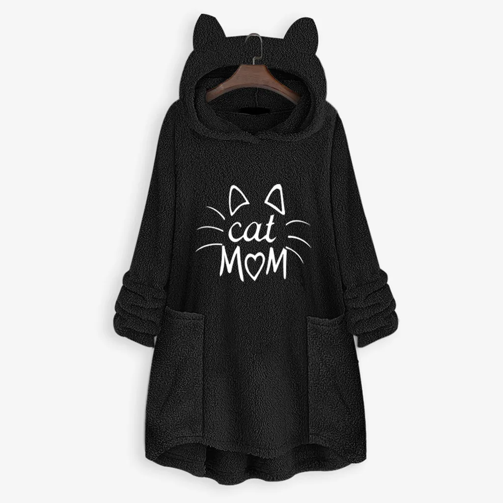 Black Харадзюку Толстовка Женская флисовая вышивка кошачьи ушки кошка мама печатная блузка Топ теплый негабаритных Карманов Куртки пальто с капюшоном - Color: Black