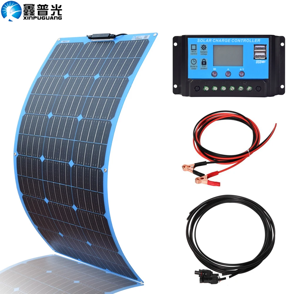 

xinpuguang flexible solar panel 100w 12v home system kit mono Cell pv Portable 12v Battery charger with 10A Controller MC4 Cable
